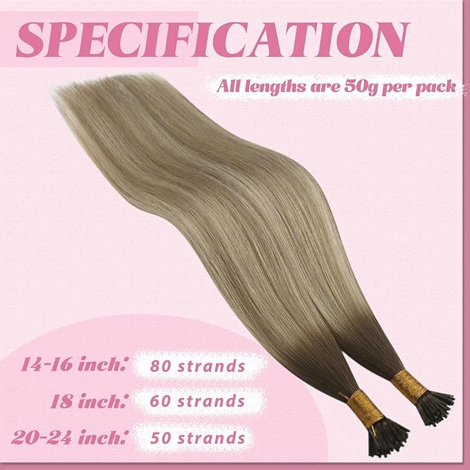 YoungSee Itip Hair Extensions Real Human Hair Ombre I Tip Hair Extensions Balayage Dark Brown to Brown with Blonde Itip Human Hair Extension Short Hair Extension 14In 50g 80s