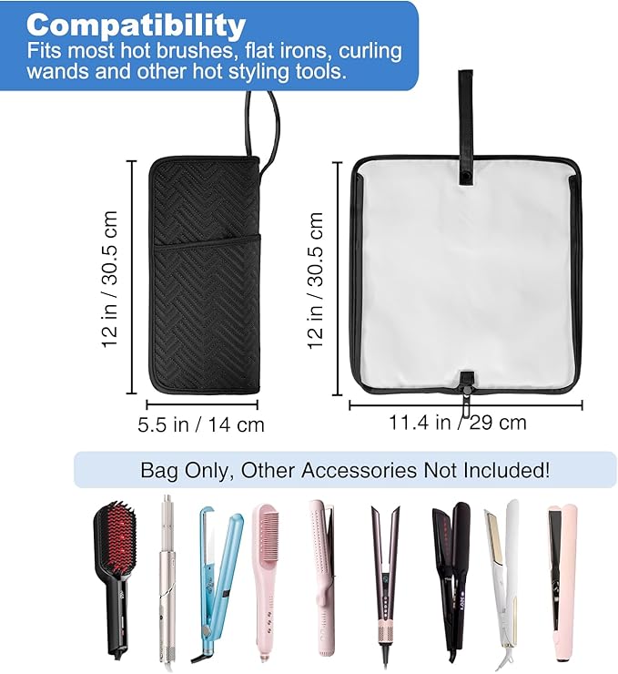 SITHON Hot Iron Holder & Mat, Heat Resistant Hair Tools Travel Bag Portable Hot Tools Organizer Cover Pouch for Curling Irons, Flat Irons, Hair Straightener and Styling Tools (Bag Only) (Black)