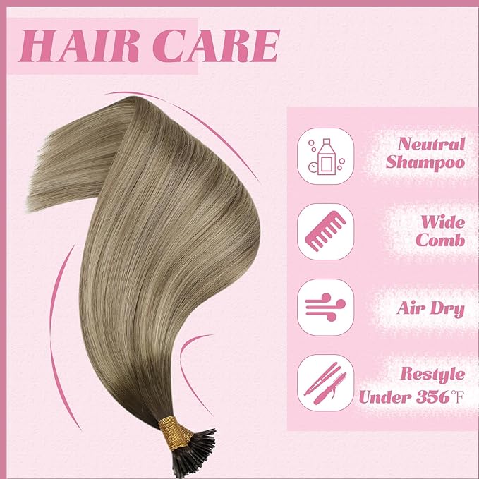 YoungSee Itip Human Hair Extensions Light Brown Ombre I Tip Hair Extensions Human Hair Balayage Light Brown with Blonde I Tip Extension Remy Hair 22 Inch 50g 50s for Wedding