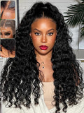 KLAIYI Water Wave HD Real Scalp Glueless Precut 13x4 Lace Front Human Hair Wig Drawstring Bye Bye Knots Pre Plucked Bleached Pre Everything 30S Ready to Wear and Go Deep Curly Wave Beginner Wig 22Inch