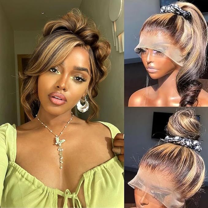 AMIRTY 250 Density Highlight Ombre Lace Front Wig Human Hair Honey Blonde Body Wave 360 HD Lace Front Wigs Human Hair Pre Plucked Brown 4/27 Colored Lace Frontal Glueless Wigs for Women 24 Inch