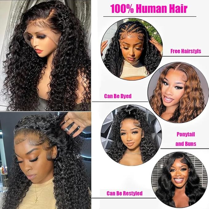 VIPbeauty 13x6 Deep Wave Lace Front Wigs Human Hair Wigs for Women 200 Density 26 Inch HD Lace Front Wigs Human Hair Pre Plucked with Baby Hair Natural Black