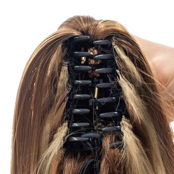 SWACC 28-Inch Long Straight Claw Clip Ponytail Extensions Synthetic Hair Extensions Ponytail Jaw Clip Hair Pieces for Women (Light Brown/Beige Highlights-12H24#)