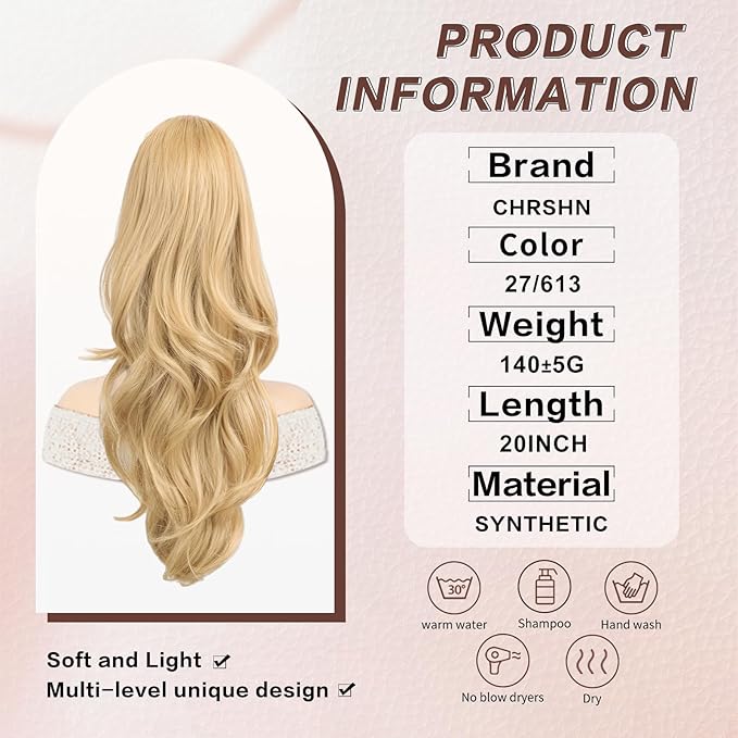 Blonde Ponytail Extension, 20 Inch Drawstring Ponytail Extension for Women Long Blonde Wavy Layered Pony Tails Hair Extensions Synthetic Clip in Ponytail Hairpiece for Women(27/613)