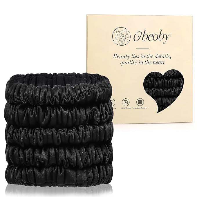 5 Pcs Silk Hair Ties, 100% Pure Mulberry Silk Hair Scrunchies Black Skinny Scrunchies Ponytail Holders Stocking Stuffers Gifts for Women Girls