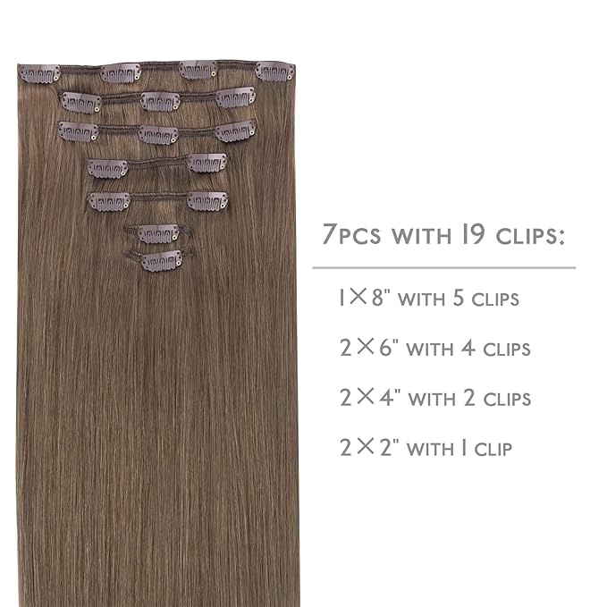 WENNALIFE Clip in Hair Extensions Real Human Hair, 22 Inch 120g 7pcs Remy Hair, Light Ash Brown Straight Natural Coloured Extensiones De Cabello Humano Con Clip Ins