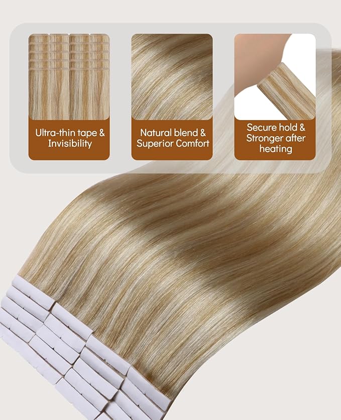 VINBAO Invisi Edge Tape in Hair Extensions Human Hair, 18in 50g 20pcs Caramel Blonde Highlights Platinum Blonde, Invisible Injected Tape Ins Luxury Remy Hair 18inch #27P60