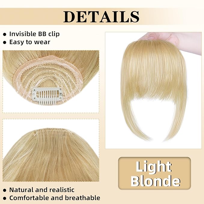 NAYOO Clip in Bangs - 100% Human Hair French Bangs Clip in Hair Extensions, Light Blonde French Bangs Fringe with Temples Hairpieces for Women Curved Bangs for Daily Wear