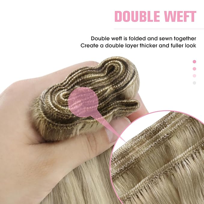 YoungSee Human Hair Sew in Extensions Highlight Straight Hair Extensions Weft Light Brown with Blonde Highlight Sew in Hair Extensions Real Human Hair for Women 18In 100G