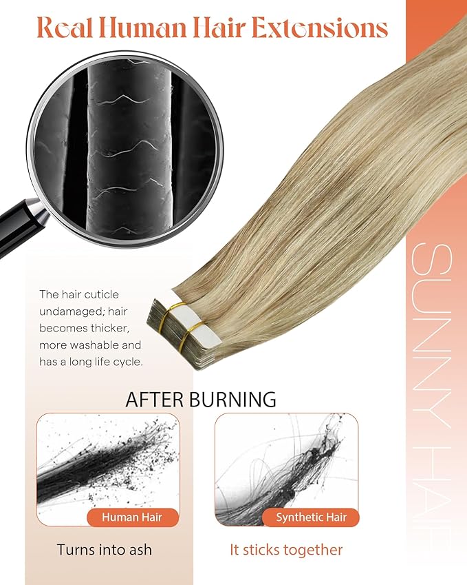 Sunny Hair Tape in Hair Extensions Real Human Hair Invisible Remy Hair Extensions Tape ins for Women Dark Blonde Highlights Light Blonde 20 inch 20Pcs 50G