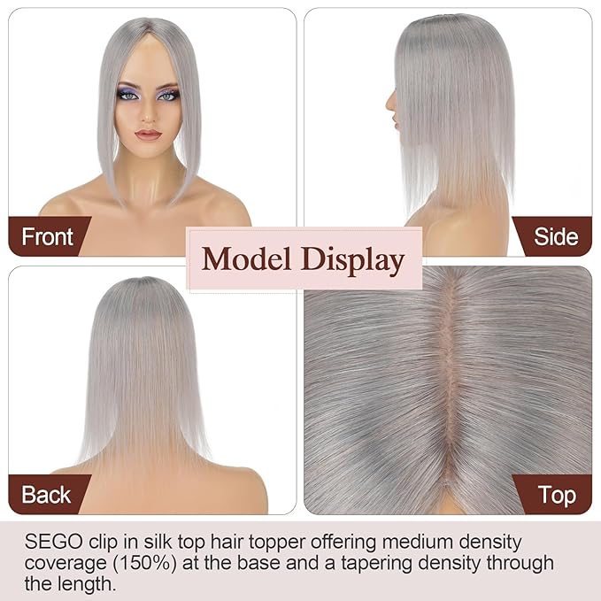 SEGO Hair Topper for Women, No Bangs Real Human Hair Topper with Anti-Slip Clips (14 Inches #Grey)