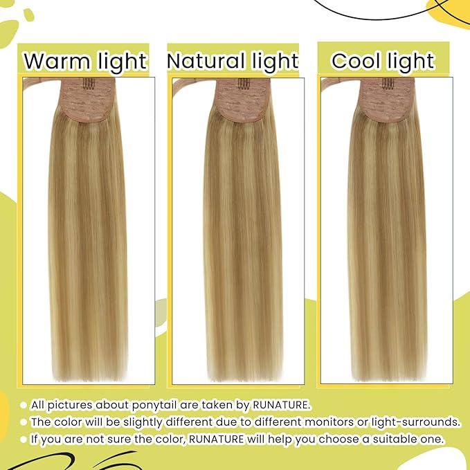 RUNATURE Real Human Hair Ponytail Blonde, 20 Inch Ponytail Extension Human Hair, Long Hair Ponytail Extension, Pony Tail Wrap Around, Remy Natural Hair Add Length, 80g #16P24 Golden Blonde Highlight