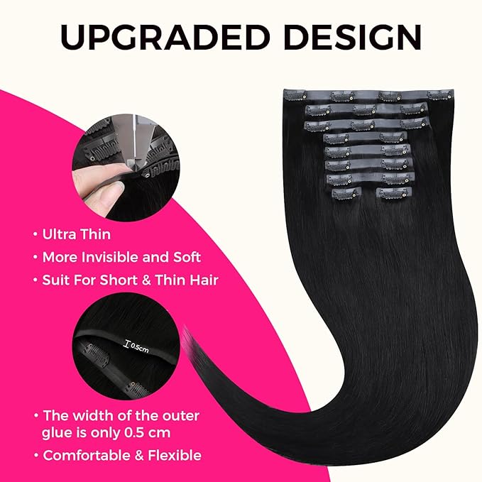 Lashey Seamless Clip in Hair Extensions Human Hair 150g 9pcs #1 Jet Black Straight 22 Inch Hair Extensions Clip ins with PU Soft Invisi Edge