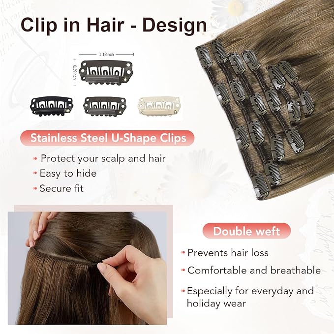 XDhair Clip in Hair Extensions Human Hair,120g 20 Inch Ash Brown Clip in Human Hair Extensions for Women 6 Pieces (#8,20Inch)