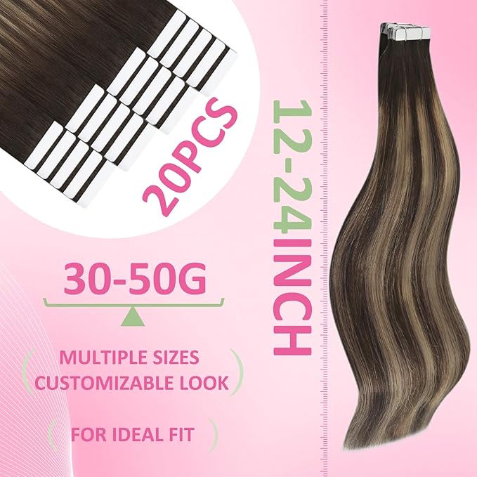 YoungSee Balayage Tape in Hair Extensions Brown Human Hair Tape in Extensions Dark Brown with Blonde Ombre Hair Extension Real Human Hair Tape-in for Girls 20 Inch 20pcs 50g
