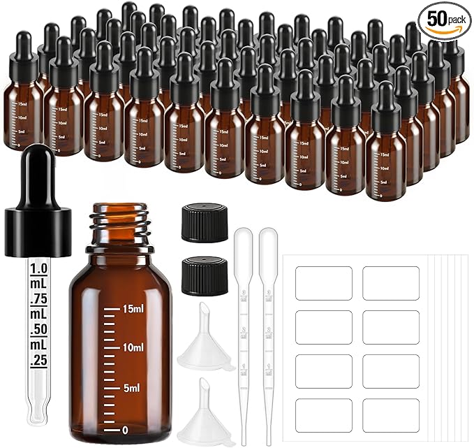 50 Pcs 1/2oz Amber Glass Dropper Bottles with Measurement, 15ml Leakproof Tincture Bottles with Funnels, Eye Droppers, Extra Caps & Labels, Refillable Empty Bottle for Tinctures, Essential Oils