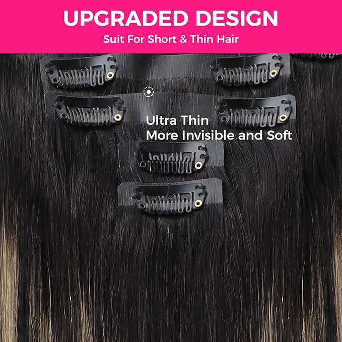 Lashey Seamless Clip in Hair Extensions Human Hair, 110g 7pcs Straight Balayage Natural Black to Light Blonde Highlighted Clip in Hair Extensions for Black Women 14 Inch
