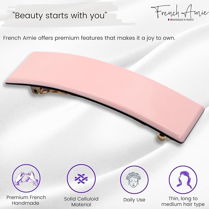 French Amie Fine 1" Wide Rectangular Celluloid Handmade Blush Pink Automatic Hair Barrettes for Women French Hair Clips