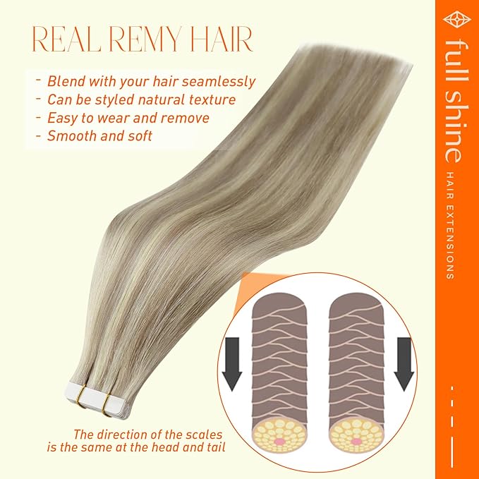 Full Shine Tape in Hair Extensions Human Hair Ash Blonde Highlighted Platinum Blonde 14 Inch Tape in Hair Extensions Invisible Seamless Skin Weft Real Remy Human Hair 50G 20pcs for Wedding