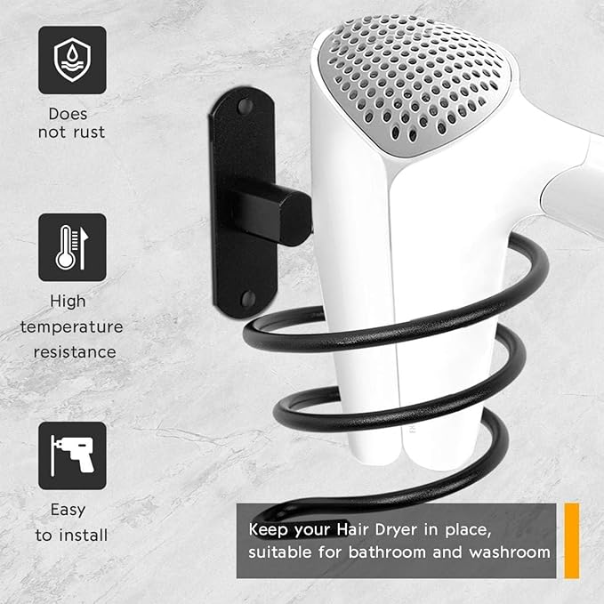YWHWXB Hair Dryer Holder,Wall Mounted Spiral Hair Dryer Shelf,Bathroom Stainless Steel Hair Dryer Bracket,Self-Adhesive Hair Dryer Storage Rack (Black)