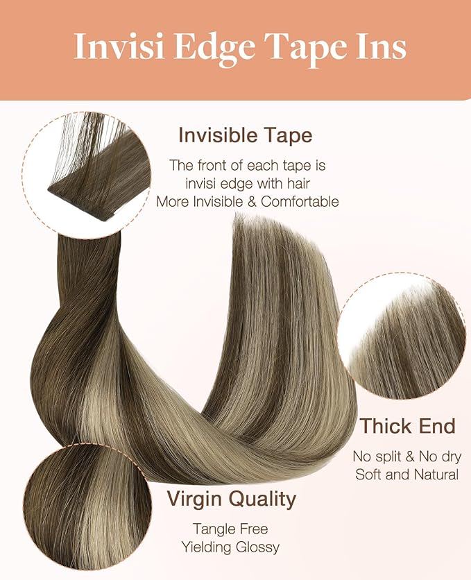 GOO GOO Invisi Edge Tape in Hair Extensions Human Hair, 4/26/4 Balayage Chocolate Brown to Honey Blonde 10pcs injected with 10pcs classical tape ins, 14inch 50g, Virgin Remy Hair, Natural Look
