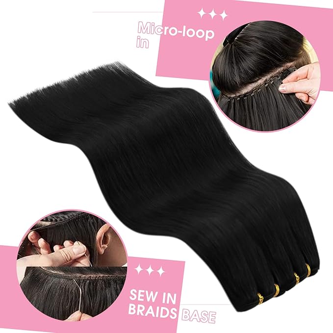 YoungSee Sew in Hair Extensions Black Human Hair Weft Extensions Straight Human Hair Extensions Sew in Jet Black for Natural Look 18Inch 100G