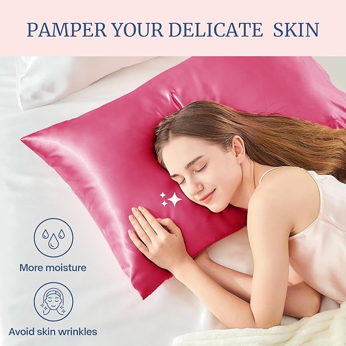 BEDELITE Satin Pillowcase for Hair and Skin, Super Soft and Cooling Similar to Silk Pillow Cases 2 Pack with Envelope Closure, Gift for Women Men(20"x40" King Size, Hot Pink)