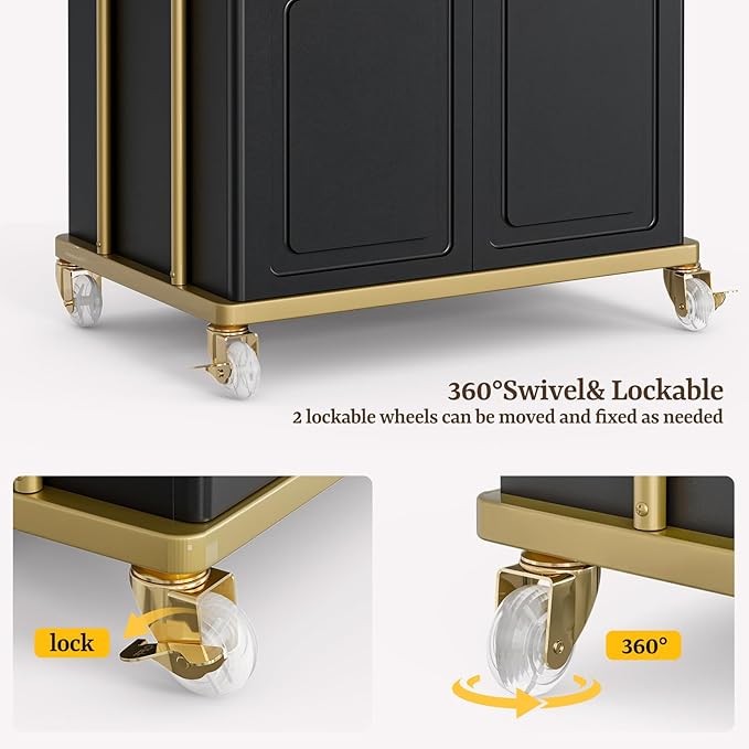 Salon Trolley Cart with Lockable Wheels, Salon Station Cabinet with Drawer & Cabinet for Hair Stylist Makeup Tool Organizer for Beauty Spa Barbershop (Black&Gold)