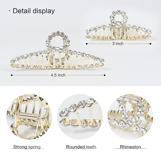 2Pcs Gold Rhinestone Hair Claw Clips, Large Metal Hair Claw Clips for Thick Hair, Strong Hold Non Slip Gold Claw Clips & Rhinestone Hair Claw Clip for Women, Hair Accessories for Women Girls