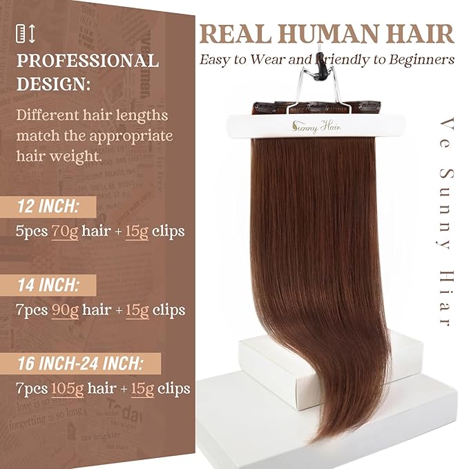Ve Sunny Clip in Human Hair Extensions Remy Hair Extensions for Women 24 inch Clip in Hair Extensions Real Human Hair Dark Auburn Red Long Straight Hair Extensions 7pcs 120g