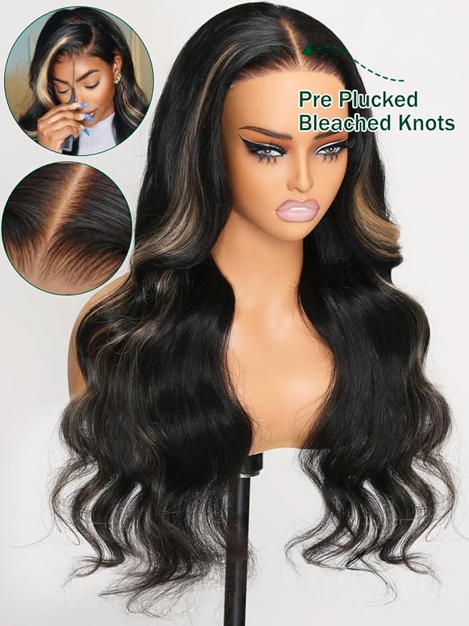 KLAIYI Bye Bye Knots Wear and Go Glueless Wig Highlight Blonde Body Wave 7x5 Precut HD Lace Front Wig Human Hair Pre Bleached Pre Plucked Ombre Wig with Dark Roots Chocolate Brown Ready to Wear 14Inch