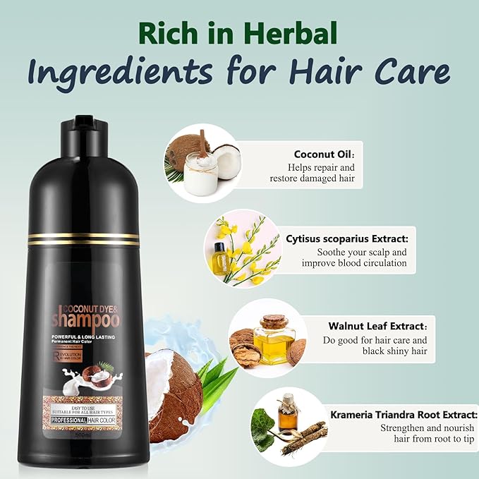 Hair Dye Shampoo 3 in 1, Instant Hair Color for Women Men, Covers Grays in Minutes, Long Lasting Brown Hair Dye, Coconut Dye Shampoo, Champu Para Canas, Easy to Use 16.90 Fl Oz