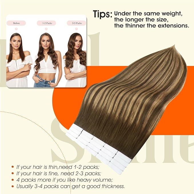 Full Shine Hair Extensions Human Hair Color 4 Medium Brown Ombre 24 Blonde And 4 Brown 20Inch Tape in Hair Extensions 100G Straight Remy Skin Weft 40Pcs Brazilian Extension