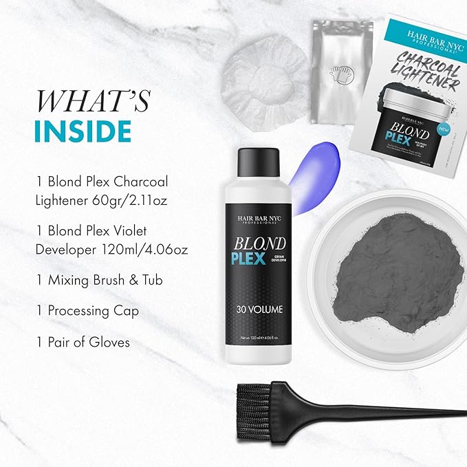 Hair Bar NYC Blond Plex 10X Lightener + 30 Volume Violet Developer Kit – Dust-Free Charcoal Bleach Powder (50g / 1.76 oz) + Anti-Brass Developer (120 ml / 4.06 fl oz) – Bond-Building Formula