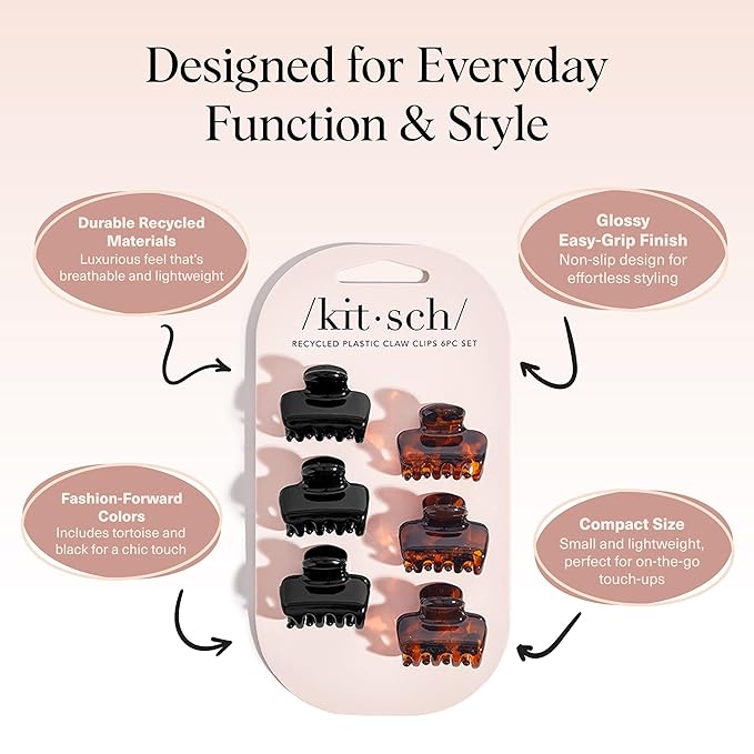 Kitsch Small Hair Clips for Women - Stays In Place Without Pulling or Snagging | Durable Plastic, Sturdy Small Claw Clips | Ideal Gifts for Women - Black & Tortoise, 6 Pcs
