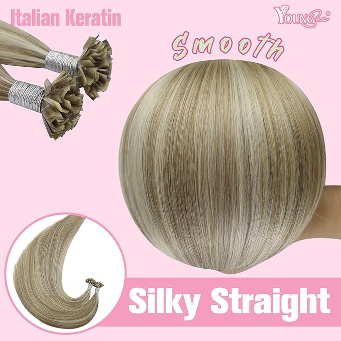 YoungSee K Tip Hair Extensions Real Human Hair Light Brown K Tip Extensions for Women Light Brown Highlight Blonde Hair Extensions K Tip 22in Ktip Hair Extensions Remy Human Hair Straight 50s/50g