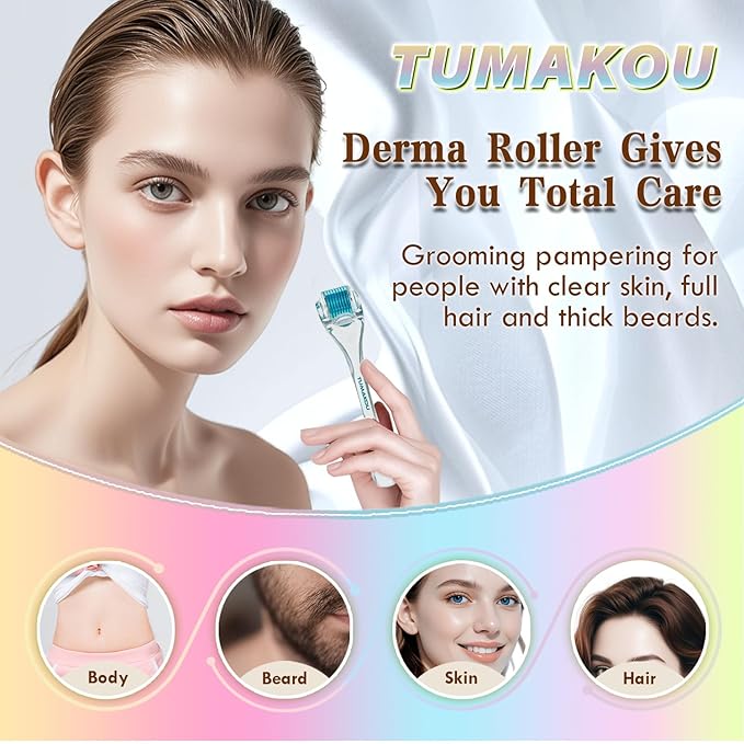 Derma Roller - TUMAKOU Microneedle Roller for Face Scalp Hair - Beard Roller for Women and Men (White)