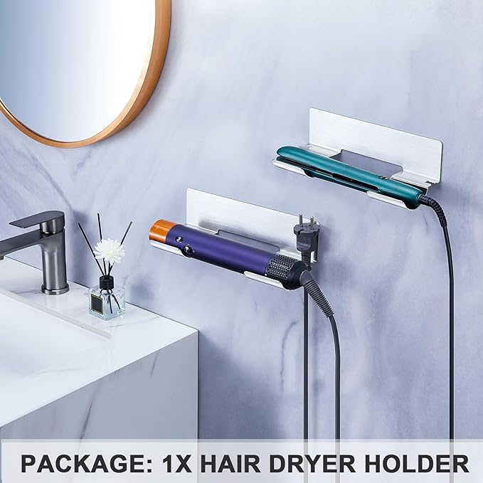 Hair Dryer Holder Wall Mount Blow Dryer Holder, Adhesive Straightener Holder, Curling Iron Holder for Bathroom Salon Barber Shop Hotel, Hair Tools Organizer Storage (Silver)