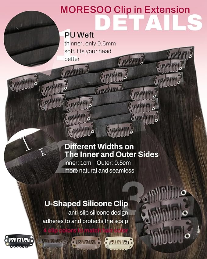 Moresoo Seamless Clip ins Human Hair Dark Brown to Chestnut Brown Balayage Clip in Extensions Real Human Hair Seamless Pu Weft Long for Women Thick 135g/7pcs 18inch