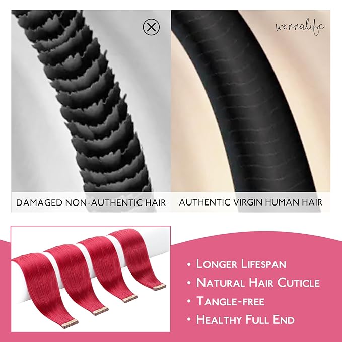 WENNALIFE Tape in Hair Extensions Human Hair Red Tape in Extensions, 10pcs 25g 16 inch Remy Invisible Tape Ins Straight Colored Soft Real Human Hair Tape in Extensions Refill Set Extensions