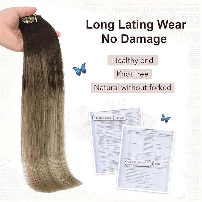 XDhair Human Hair Clip in Extensions 22 Inch 120g 6pcs Balayage Clip in Hair Extension Ombre Hair Extensions Clip ins Dark Brown to Dirty Blonde #2/6/18