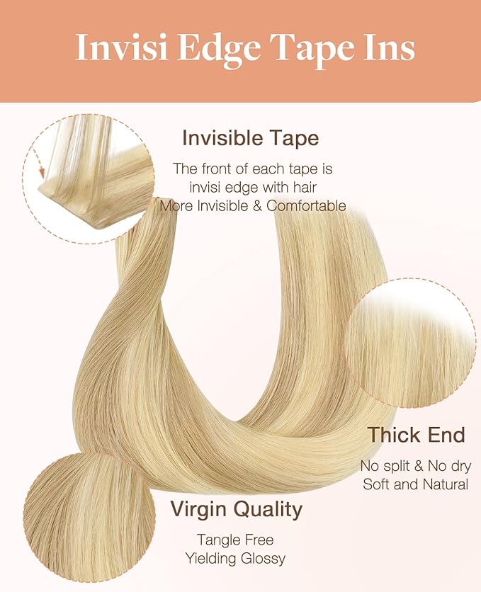 GOO GOO Invisi Edge Tape in Hair Extensions Human Hair, 18D/22F Dirty Blonde Highlights, 6pcs 22inch 18g, Virgin Remy Hair, Seamless Injected Tape, Natural Look