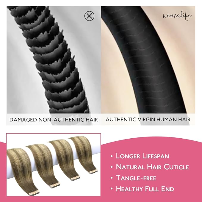 WENNALIFE Tape in Hair Extensions Human Hair Ombre Walnut Brown to Ash Brown and Bleach Blonde Tape in Extensions, 10pcs 20g 10 inch Remy Invisible Tape Ins Straight Real Human Hair Tape in Extensions