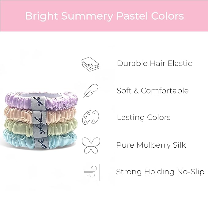 Silk Scrunchies for Women No Damage Mulberry Silk No Slip 4 Pack-Elastic Ponytail Girls Hair Ties | Skinny Hair Ties for Thin Thick Wavy or Curly Hair No Crease for Sleep and Sports (4, Light Pastel)