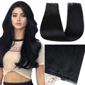Full Shine Tape in Hair Extensions Human Hair Color 1 Jet Black One Piece Long Tape in Extensions Wide PU Double Weft 22Inch Seamless Invisible Hair Extensions for Women 50G Quick Install
