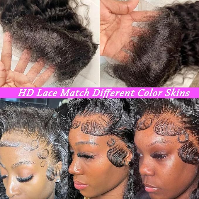 Aomllute 28 Inch Deep Wave Lace Front Wigs Human Hair 200 Density 13x4 HD Lace Frontal Wigs Human Hair Pre Plucked Deep Curly Glueless Wigs for Women Natural Black