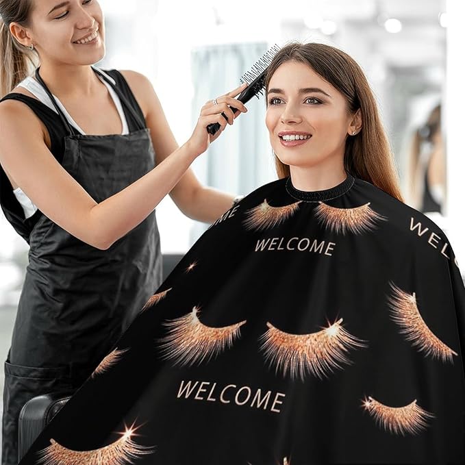 Extra Long Barber Styling Cape, Rose Gold Pink Eyelash Welcome Black Haircut Hairdressing Cloth Apron Hair Cutting Cloak for Hair Cutting