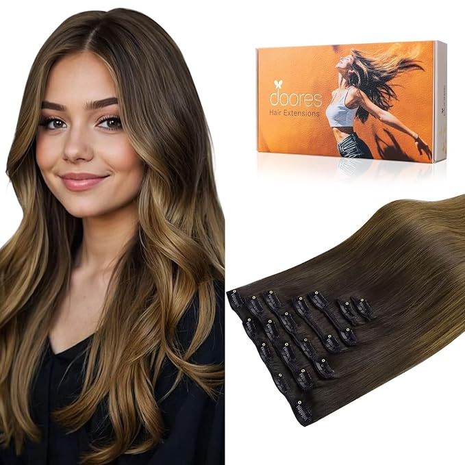 DOORES Clip in Hair Extensions Real Human Hair, Chocolate Dip Color Melt 24 Inch 7pcs 120g, Remy Hair Extensions for Women Straight Extensions Human Hair Natural Thick Hair