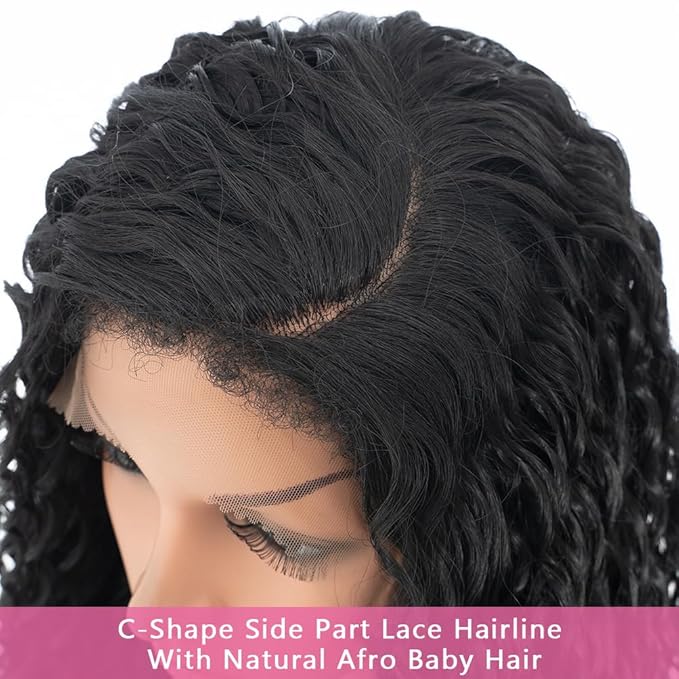 Style Icon 36”Super Long Curly Wig C-Shaped Side Part Lace Wig Afro Baby Hair Synthetic Black Wigs(36 inches, 1B)