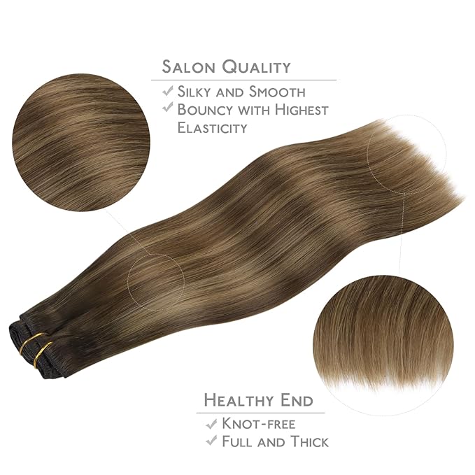 WENNALIFE Clip in Hair Extensions - Real Human Hair, 18 Inch 120g 7pcs, Light Ash Brown to Warm Chocolate Highlighted Caramel Blonde